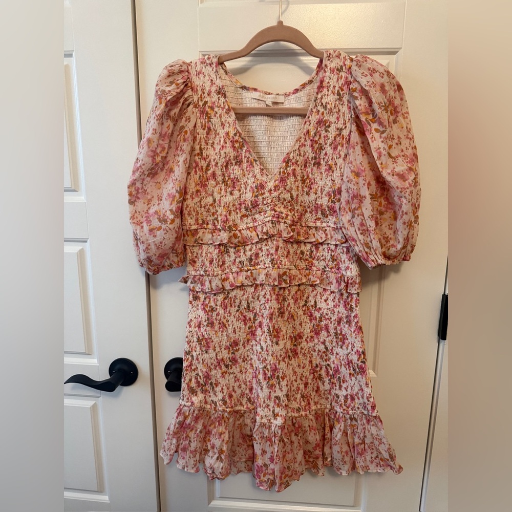 Olivaceous Pink Floral Puff-Sleeve Ruffle Dress